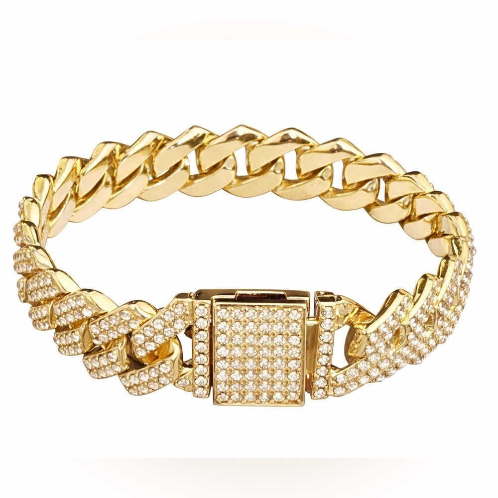 Gold Cuban Link Bracelet with Pave Crystals 14mm • 7.5” - Picture 3 of 7